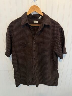 Van Heusen Linen Blend Brown Striped Short-Sleeve Button-Down Shirt Size Large